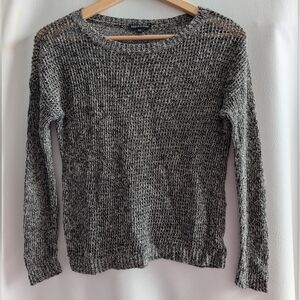 Eileen Fisher Marled Black Tan Linen Wool Eyelet Lace Knit Pullover Sweater - XS